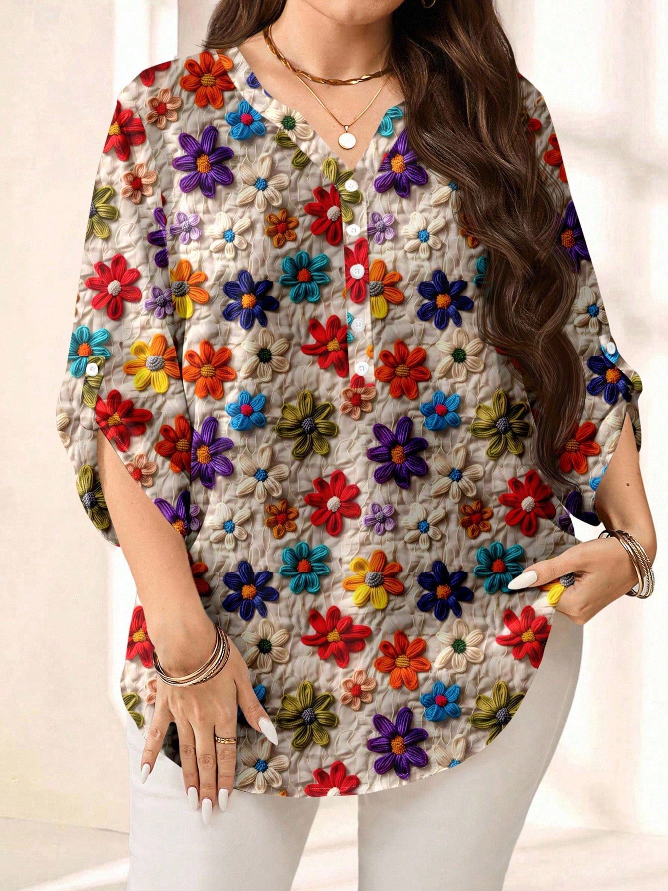 emery rose بلوزة فضفاضة بطبعة زهرية عتيقة وياقة على شكل v وأكمام ثلاثية أرباع للمرأة البدينة، كاجوال للربيع/الصيف 9
