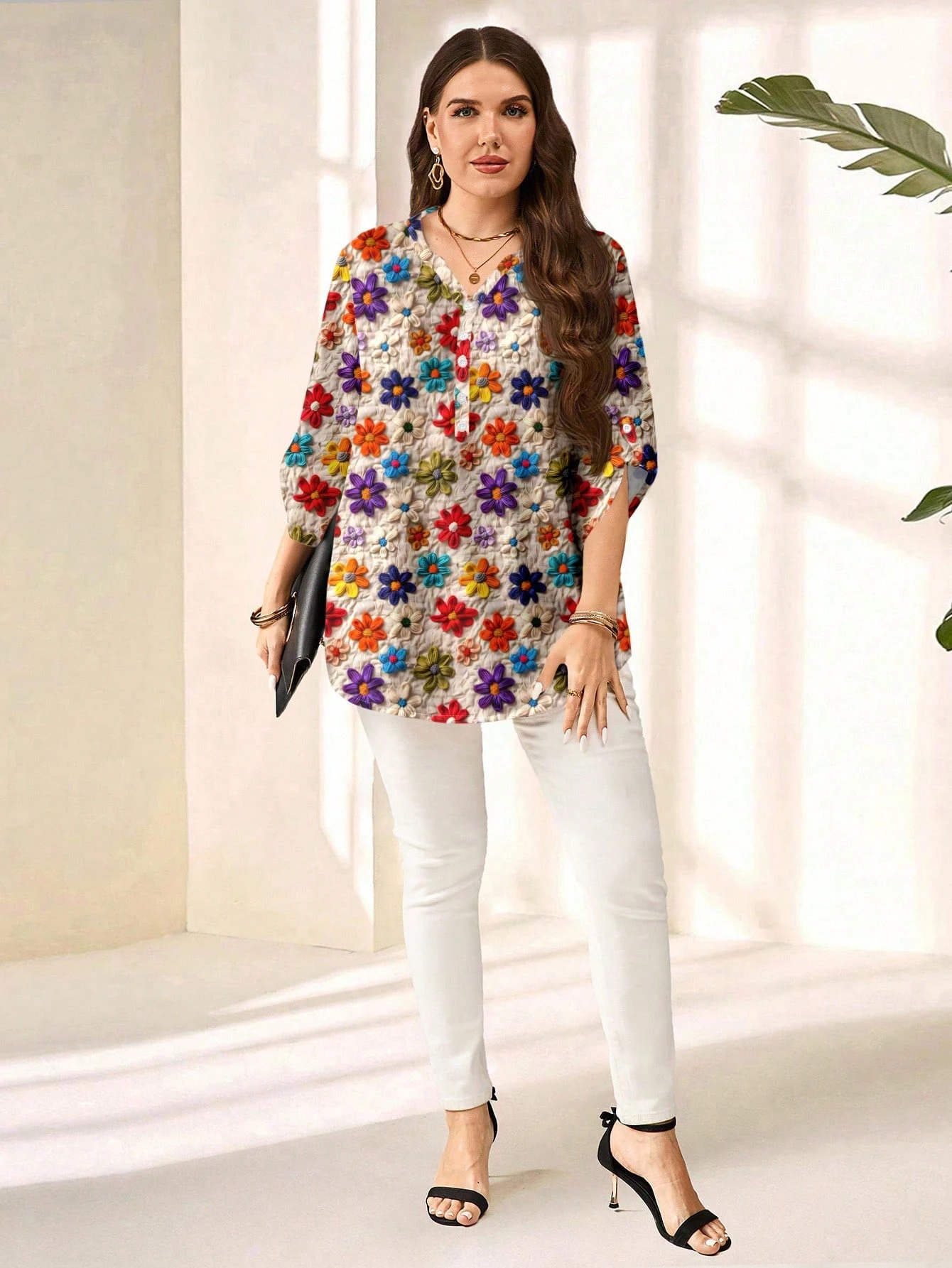 emery rose بلوزة فضفاضة بطبعة زهرية عتيقة وياقة على شكل v وأكمام ثلاثية أرباع للمرأة البدينة، كاجوال للربيع/الصيف 6