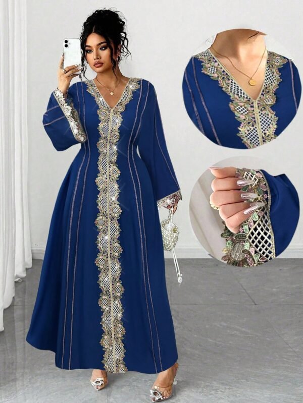 shein petite curve فستان طويل مزين بالدانتيل الأنيق، خريف/شتاء 2