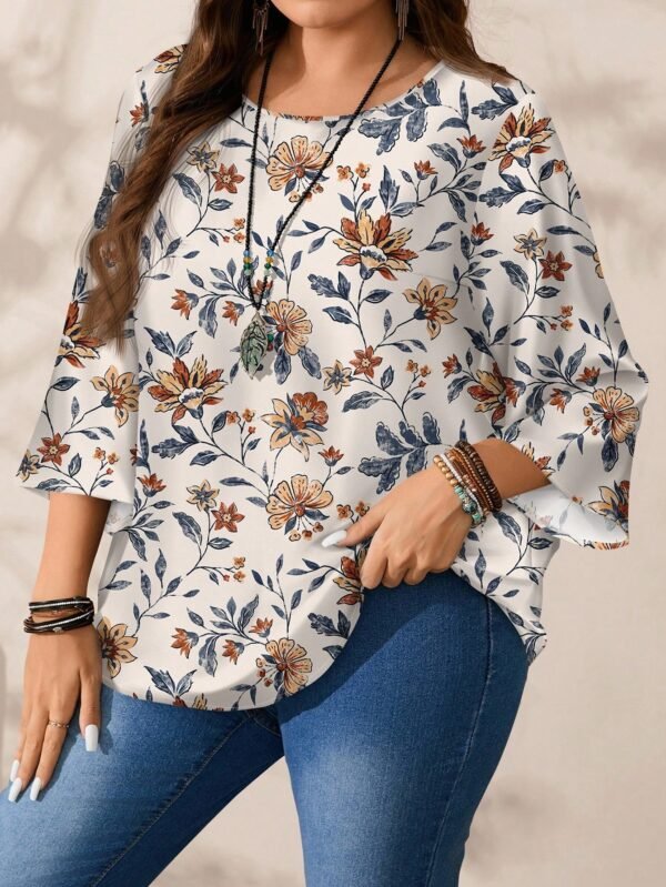 emery rose قميص نسائي كاجوال بطبعات كاملة على الجسم، رقبة دائرية، أكمام ثلاثة أرباع فضفاض، مناسب للخريف والشتاء، مقاسات كبيرة 6
