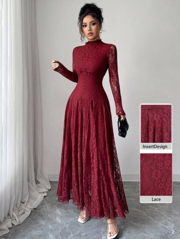 modelyn فستان نسائي بياقة عالية وخصر مشدود بالدانتيل باللون الأحمر 5