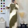 فستان نسائي طويل الأكمام متوسط الطول بطراز عربي، رقبة دائرية، أكمام واسعة، متوسط المطاطية، عباية صبغ التعتيق أنيقة، أحمر ربيعي 3