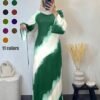 فستان نسائي طويل الأكمام متوسط الطول بطراز عربي، رقبة دائرية، أكمام واسعة، متوسط المطاطية، عباية صبغ التعتيق أنيقة، أحمر ربيعي 4