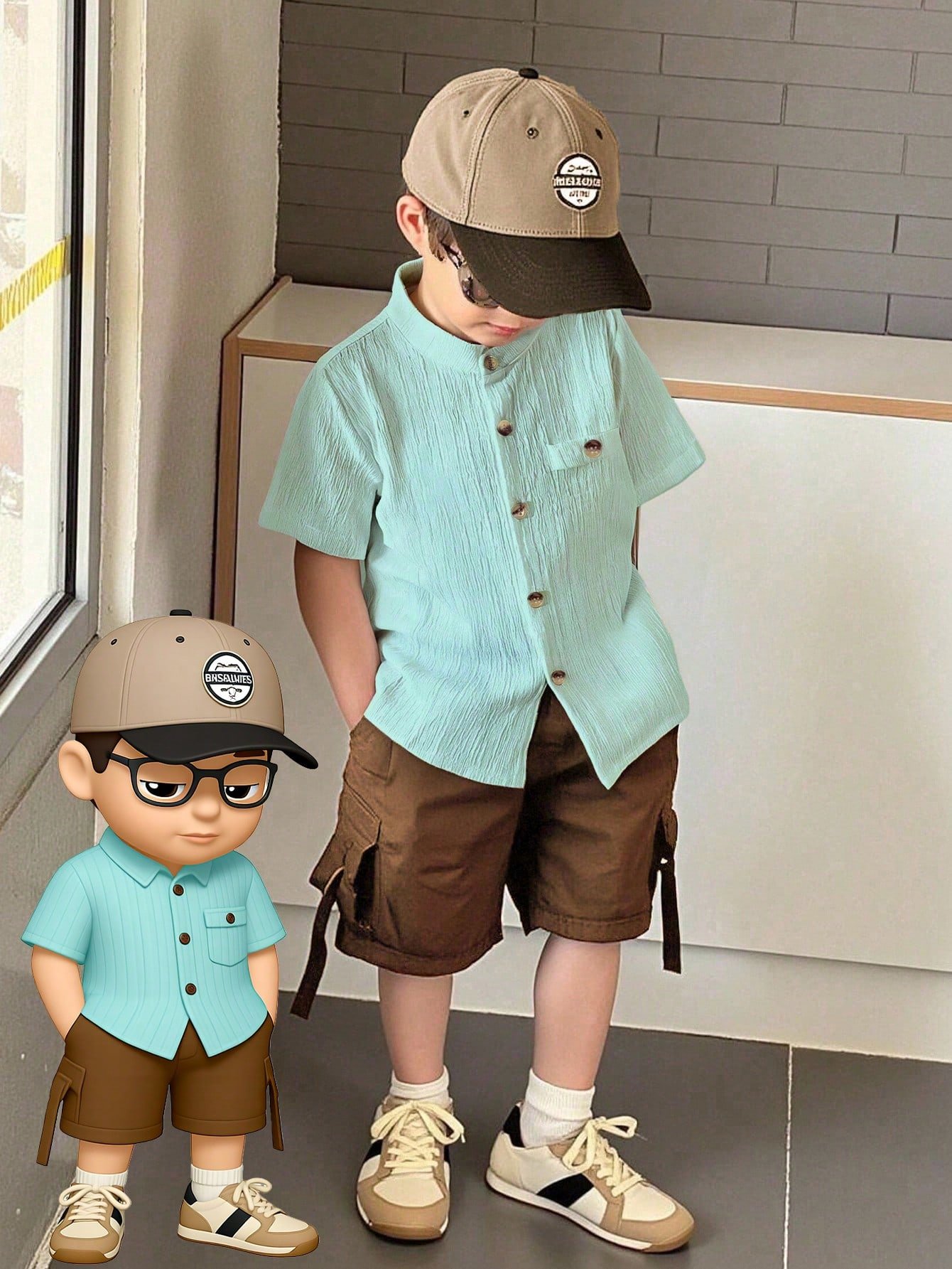 shein genkimix kids قميص كاجوال أحادي الصدر بأكمام قصيرة، لون سادة، للأولاد الصغار عمر 4 سنوات 12