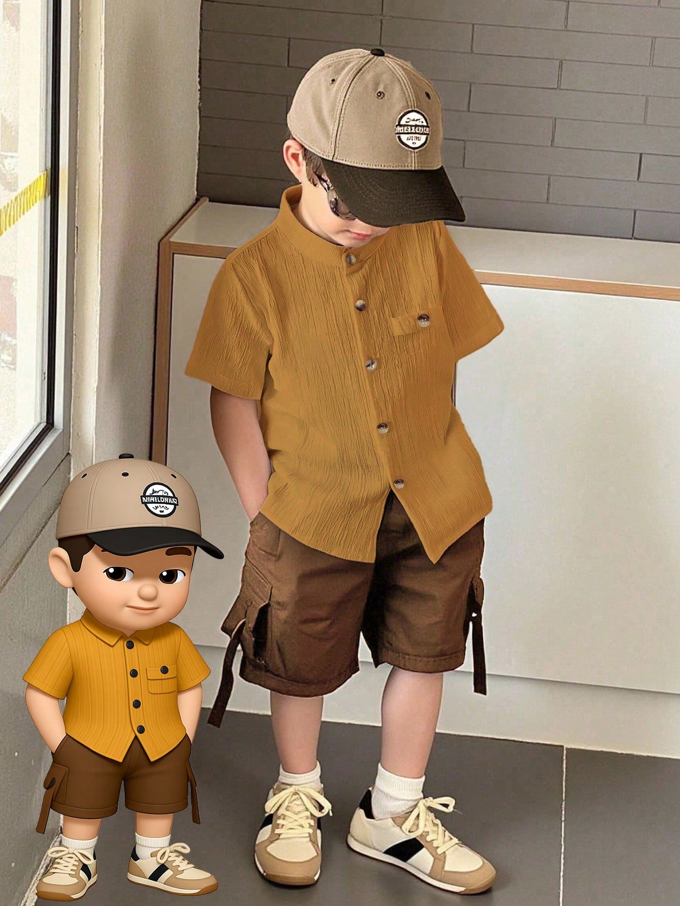 shein genkimix kids قميص كاجوال أحادي الصدر بأكمام قصيرة، لون سادة، للأولاد الصغار عمر 4 سنوات 4