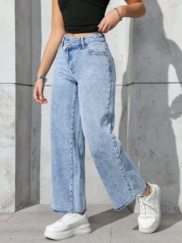 shein petite سروال جينز أزرق أنيق وبسيط للنساء للاستخدام اليومي 4
