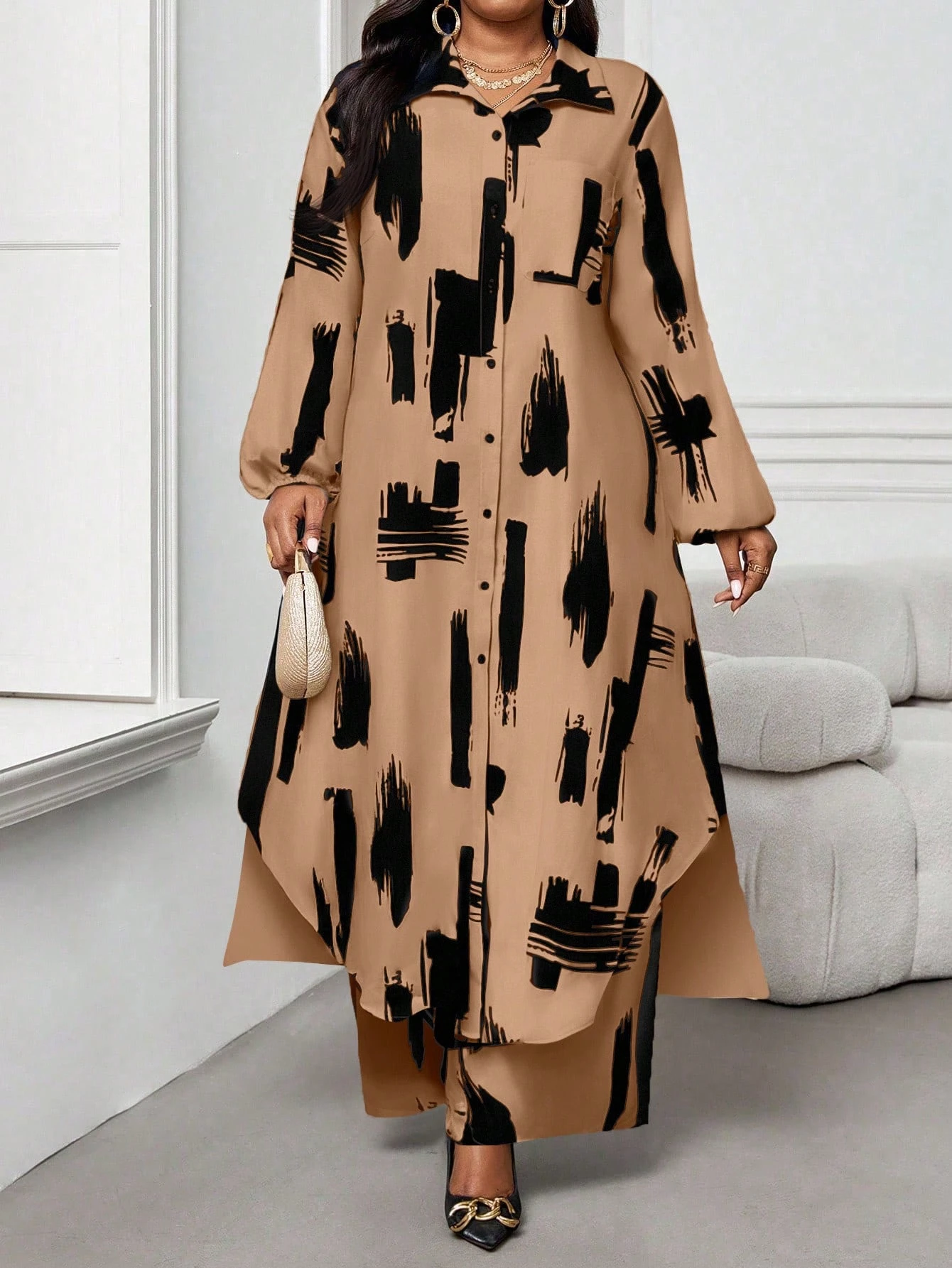 shein lady curve قميص كاجوال أنيق للربيع والصيف والخريف والشتاء، ياقة منسوجة، أكمام بيشوب، جيوب، أكمام طويلة، مقاسات كبيرة، بدلة أنيقة للمكتب والتنقل للربيع والصيف، ملابس صيفية للنساء للعطلات 15