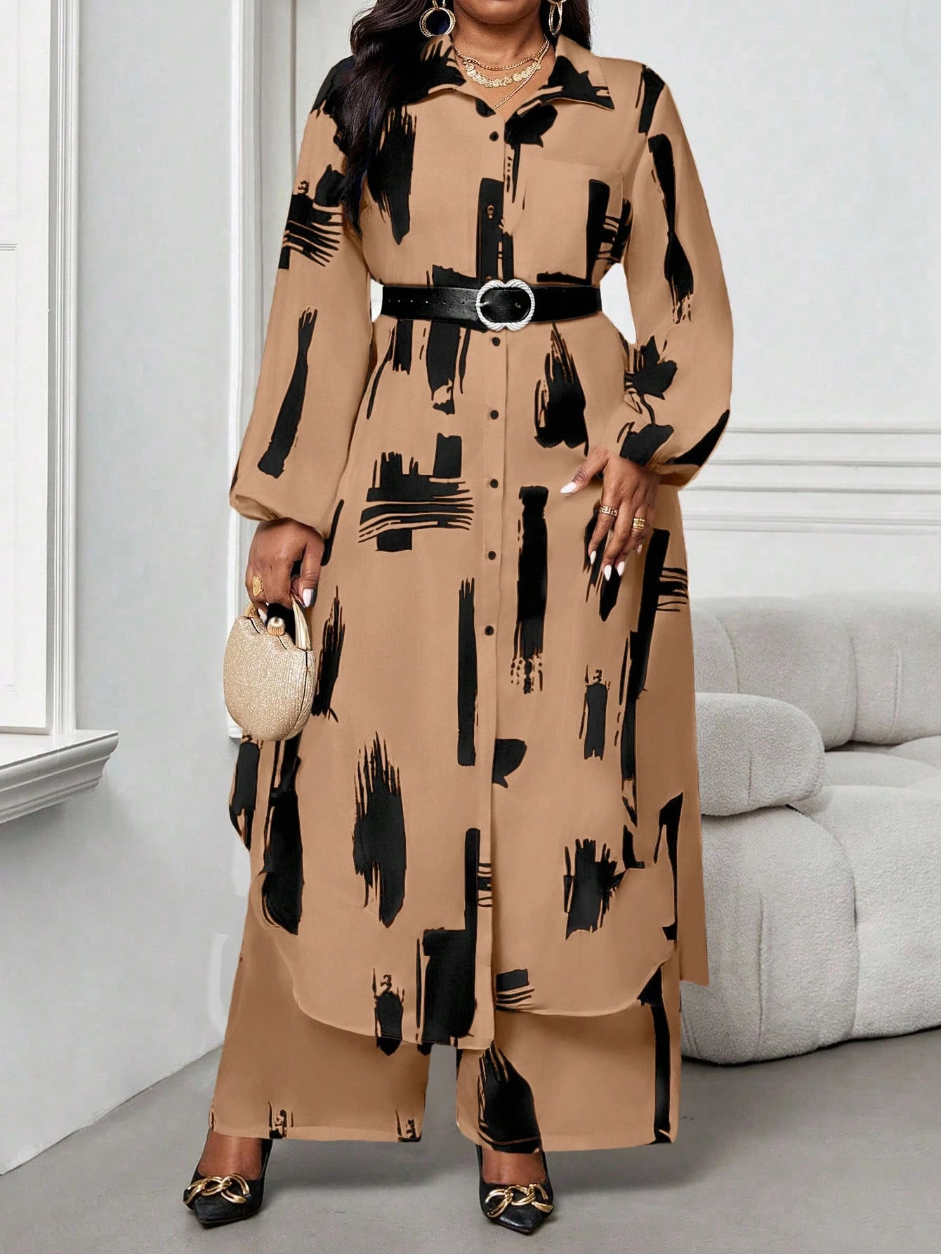 shein lady curve قميص كاجوال أنيق للربيع والصيف والخريف والشتاء، ياقة منسوجة، أكمام بيشوب، جيوب، أكمام طويلة، مقاسات كبيرة، بدلة أنيقة للمكتب والتنقل للربيع والصيف، ملابس صيفية للنساء للعطلات 13
