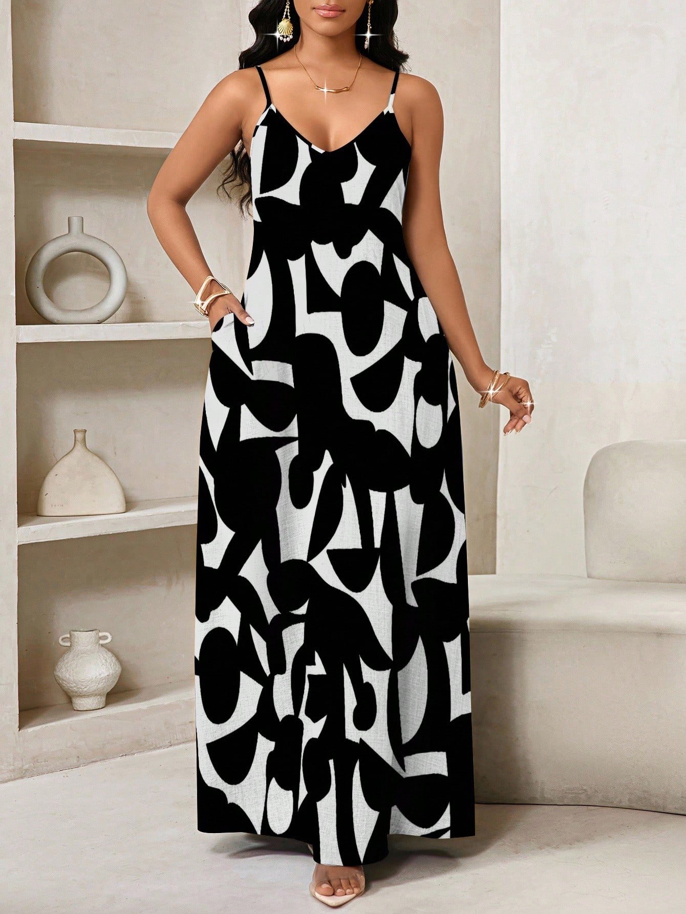 shein lady فستان انزلاقي طويل مطبوع بنمط هندسي مناسب للارتداء اليومي العادي 1