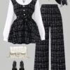 shein طقم تي شيرت بأكمام طويلة وياقة ملتوية وخصر مربوط وبنطال ذو خصر مطاطي وساق واسعة، موضة عطلة مدرسية للمراهقات 3