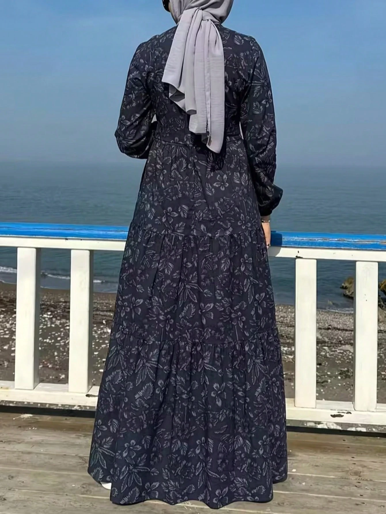 solessence فستان أزرق نيلي بأكمام طويلة مطبوع بزهور مع حزام 4