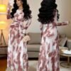 rafferiza فستان نسائي أنيق بطبعة نمر شبكي بياقة مستديرة وخصر مطوي وأكمام طويلة متسعة 3
