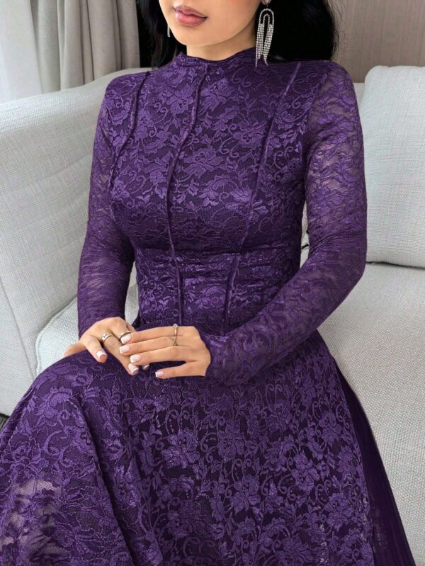 modelyn فستان أنيق بأكمام طويلة وياقة من الدانتيل الزهري وذيل منبثق 18