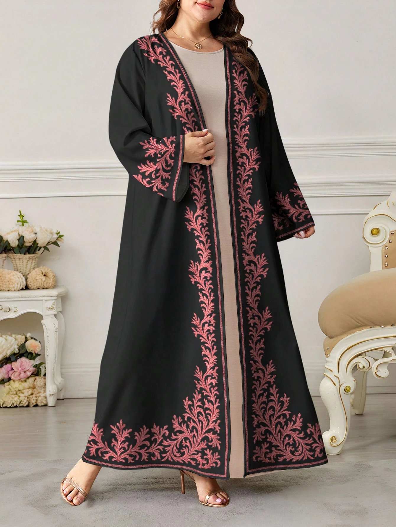 shein najma عباية عربية كاجوال طويلة الأكمام مطبوعة بطباعة رقمية زهرية للنساء ذوات الحجم الكبير، للربيع والخريف 9