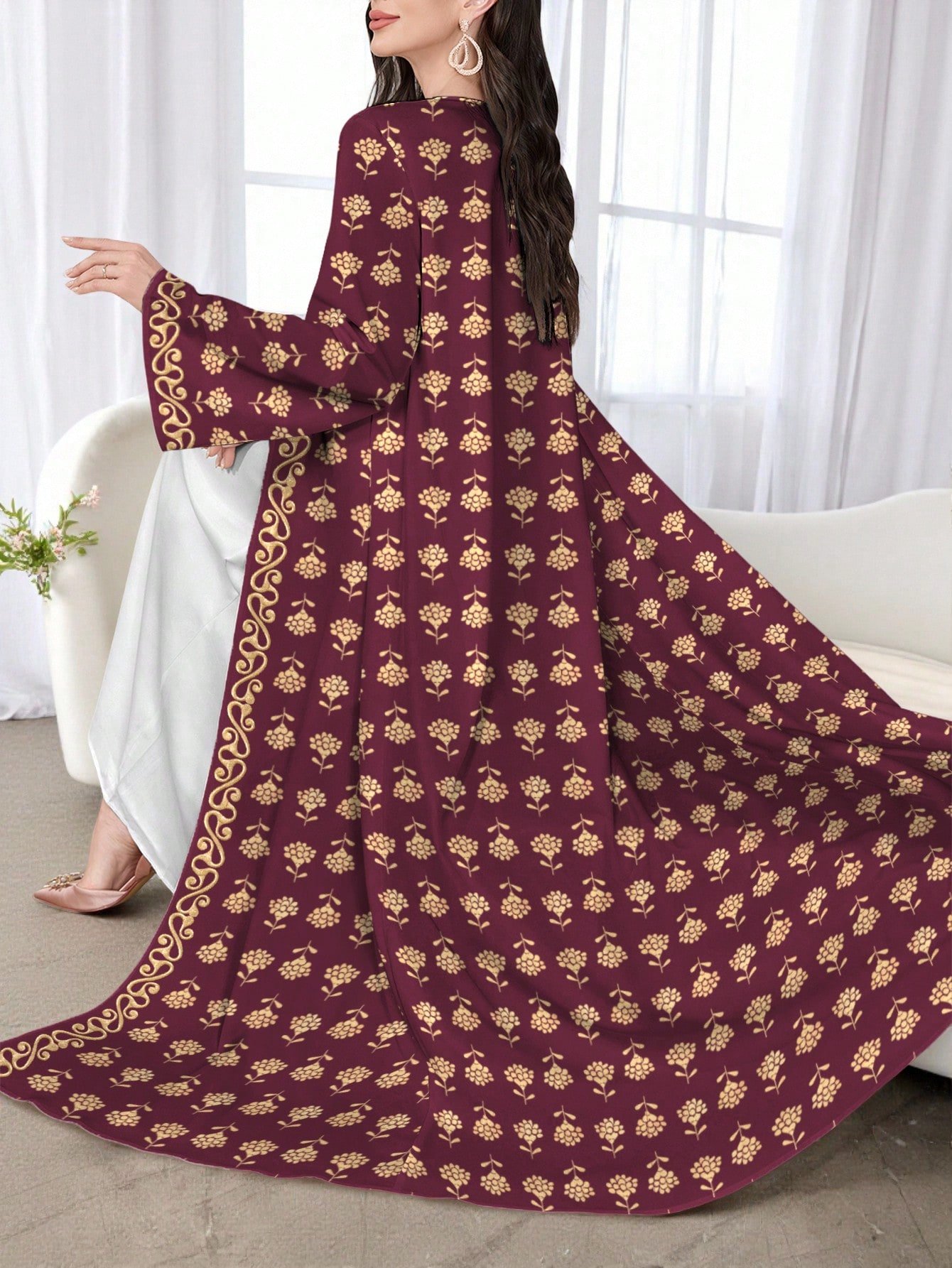 shein najma عباية أنثوية كاجوال طويلة الأكمام مطبوعة بالزهور، للربيع والخريف 4