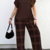 shein lune مجموعة قطعتين بنمط مربعات بلون بني أحمر داكن وبني أحمر مائل للحمرة، تصميم بسيط عادي، مناسب لجميع الفصول، مقاس كبير الحجم 10