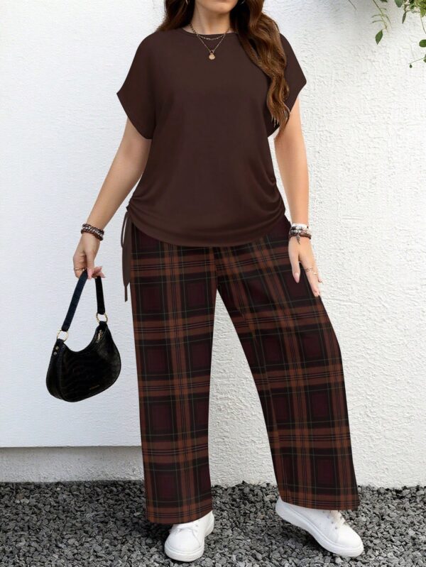 shein lune مجموعة قطعتين بنمط مربعات بلون بني أحمر داكن وبني أحمر مائل للحمرة، تصميم بسيط عادي، مناسب لجميع الفصول، مقاس كبير الحجم 10