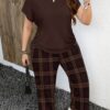 shein lune مجموعة قطعتين بنمط مربعات بلون بني أحمر داكن وبني أحمر مائل للحمرة، تصميم بسيط عادي، مناسب لجميع الفصول، مقاس كبير الحجم 11