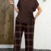 shein lune مجموعة قطعتين بنمط مربعات بلون بني أحمر داكن وبني أحمر مائل للحمرة، تصميم بسيط عادي، مناسب لجميع الفصول، مقاس كبير الحجم 12