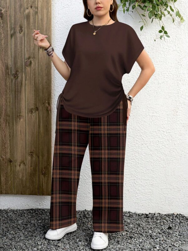 shein lune مجموعة قطعتين بنمط مربعات بلون بني أحمر داكن وبني أحمر مائل للحمرة، تصميم بسيط عادي، مناسب لجميع الفصول، مقاس كبير الحجم 12