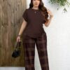 shein lune مجموعة قطعتين بنمط مربعات بلون بني أحمر داكن وبني أحمر مائل للحمرة، تصميم بسيط عادي، مناسب لجميع الفصول، مقاس كبير الحجم 13