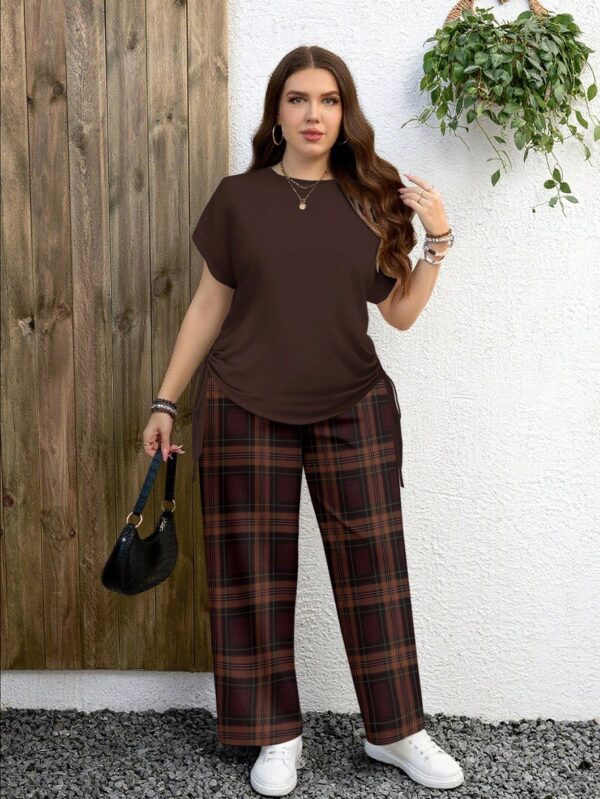 shein lune مجموعة قطعتين بنمط مربعات بلون بني أحمر داكن وبني أحمر مائل للحمرة، تصميم بسيط عادي، مناسب لجميع الفصول، مقاس كبير الحجم 13