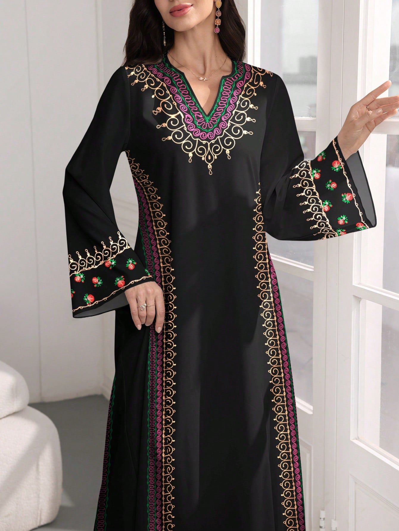 shein najma فستان ماكسي أنيق بطبعات زهرية وياقة على شكل حرف v وأكمام طويلة بطراز عربي، للربيع والخريف 1