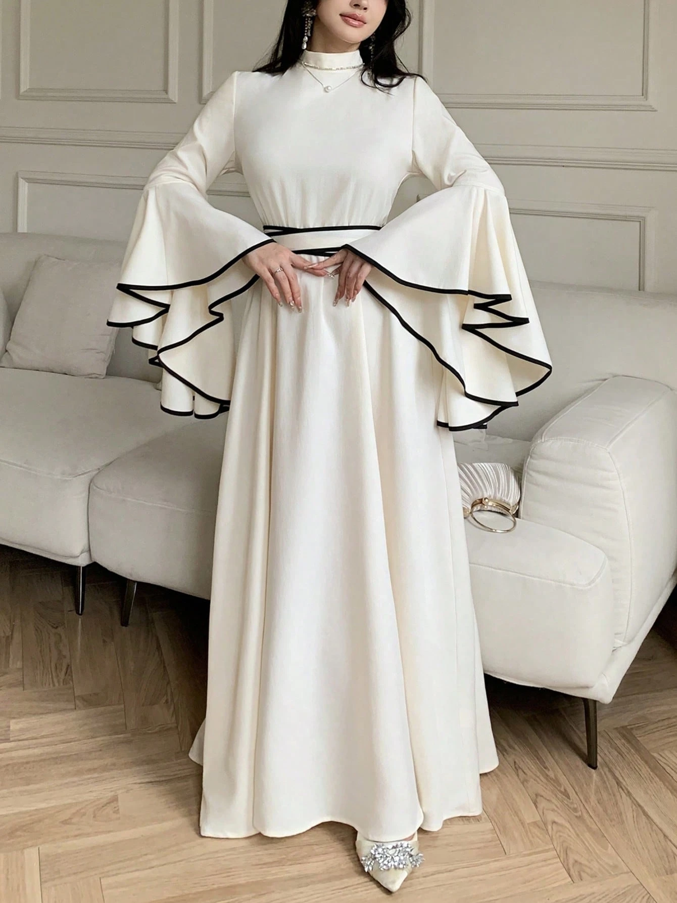 celisse فستان أنيق للنساء بأكمام واسعة وتريم متباين 4