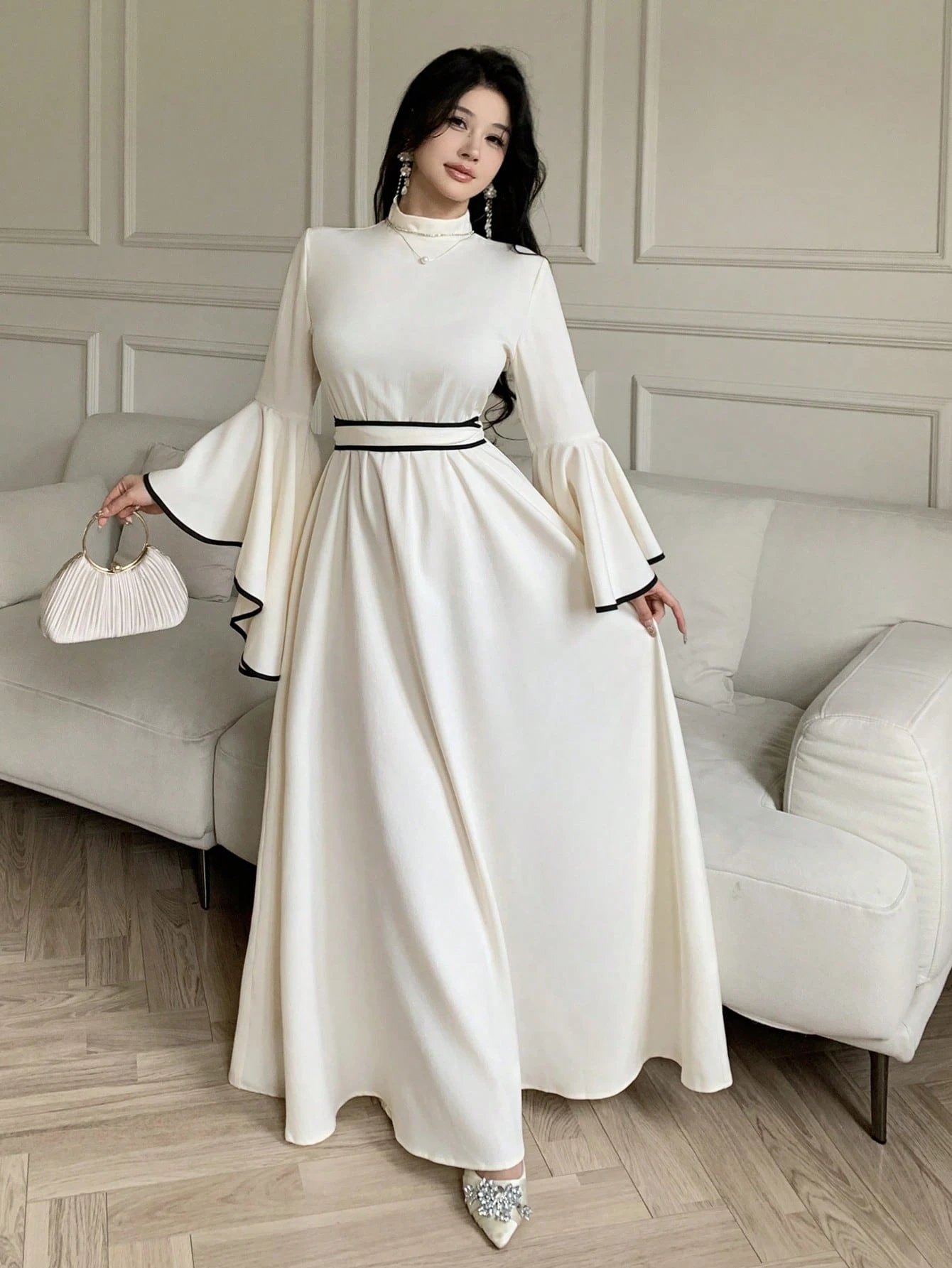 celisse فستان أنيق للنساء بأكمام واسعة وتريم متباين 6