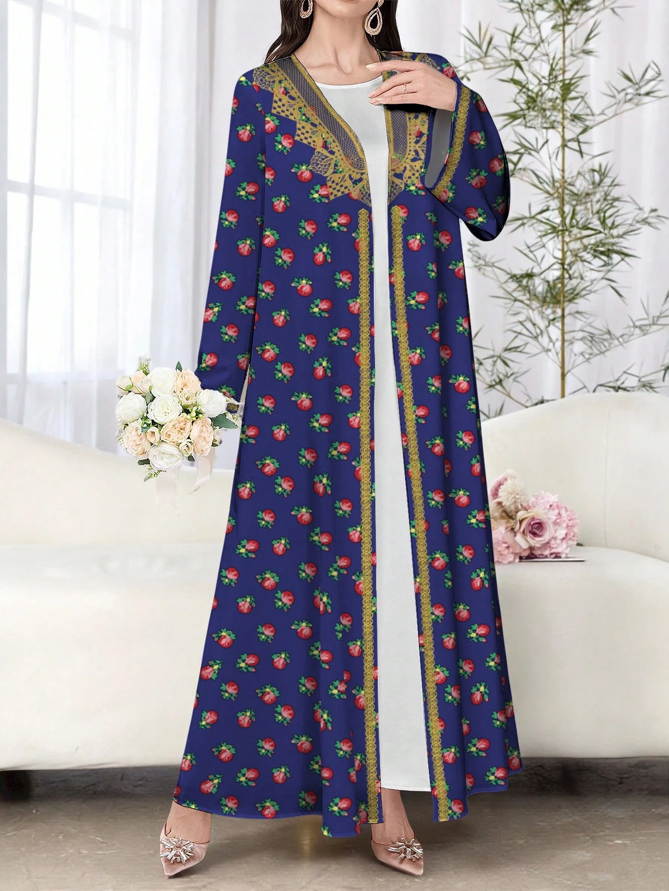 shein najma عباية أنثوية كاجوال طويلة الأكمام مطبوعة بالزهور، للربيع والخريف 8