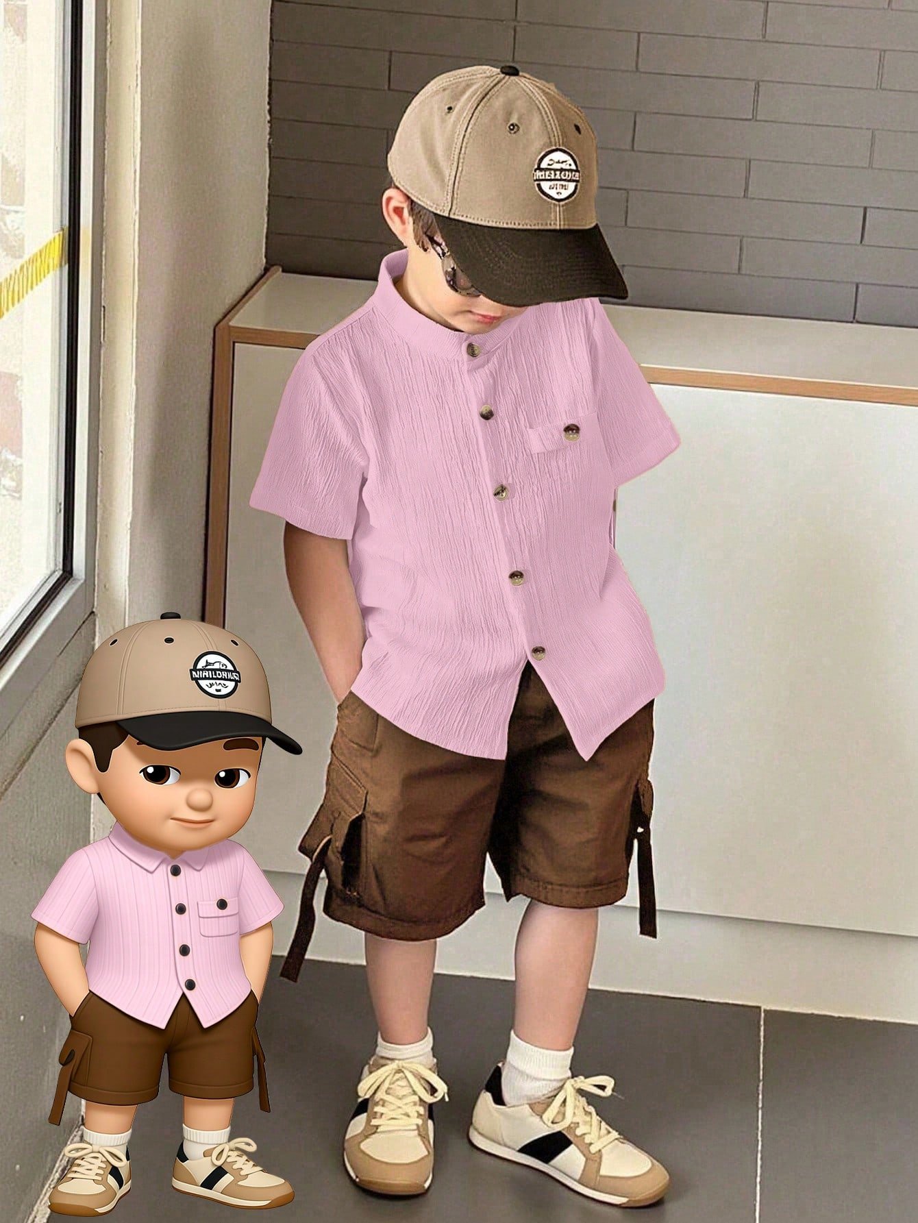 shein genkimix kids قميص كاجوال أحادي الصدر بأكمام قصيرة، لون سادة، للأولاد الصغار عمر 4 سنوات 8