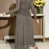modelyn فستان نسائي بياقة عالية وأكمام طويلة، مزين بقطع شبكية على الخصر وطيات على الخصر، طول متوسط 12