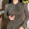 modelyn فستان نسائي بياقة عالية وأكمام طويلة، مزين بقطع شبكية على الخصر وطيات على الخصر، طول متوسط 14