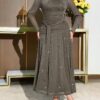 modelyn فستان نسائي بياقة عالية وأكمام طويلة، مزين بقطع شبكية على الخصر وطيات على الخصر، طول متوسط 16