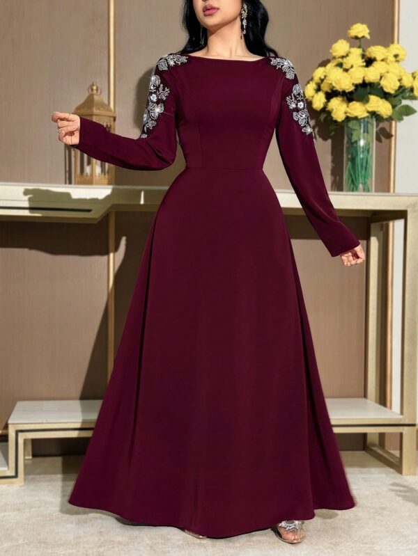 modelyn فستان أنيق بأكمام طويلة وياقة على شكل حرف v مزين بالخرز والزهور للنساء 1