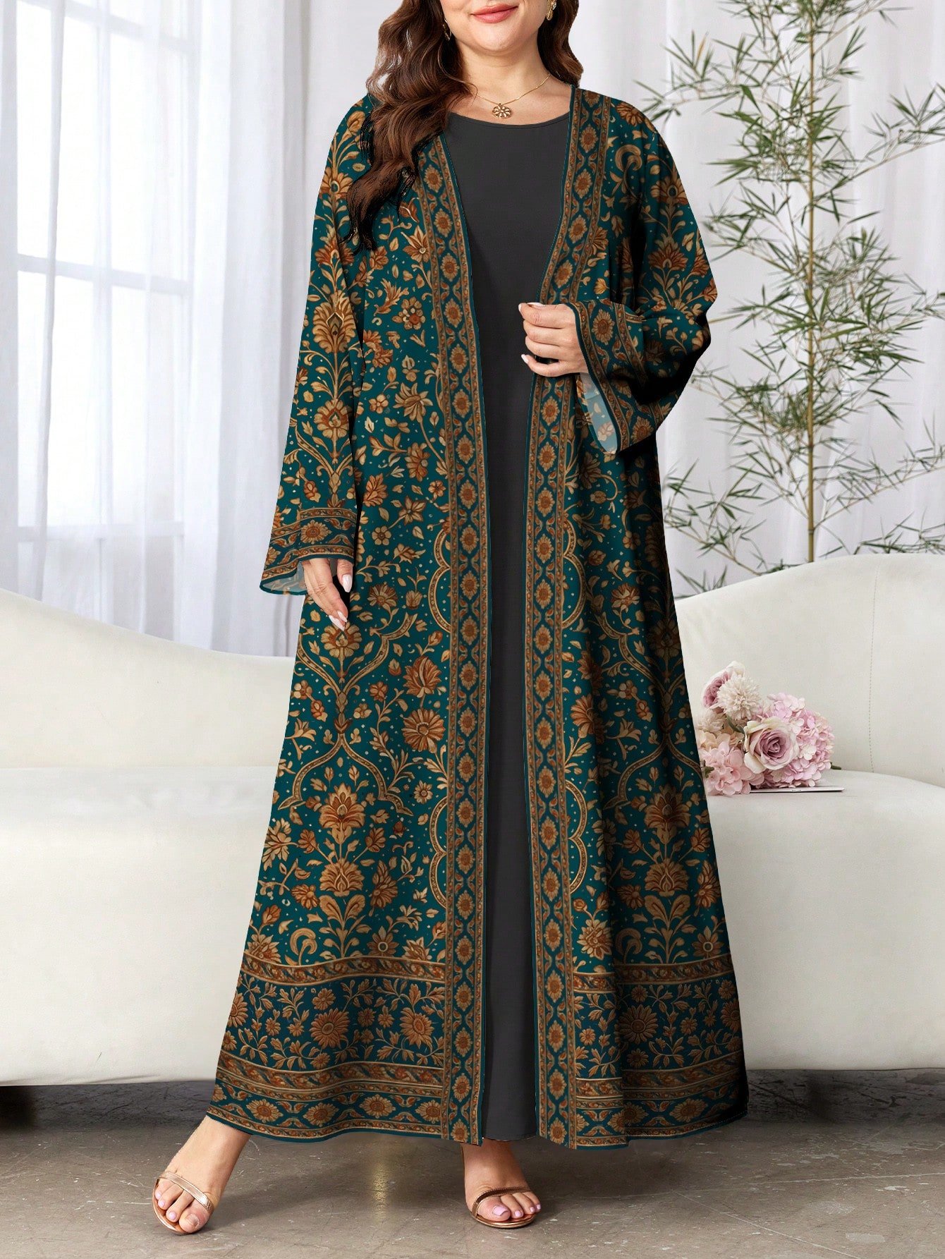 shein najma عباية عربية كاجوال طويلة الأكمام مطبوعة بطباعة رقمية زهرية للنساء ذوات الحجم الكبير، للربيع والخريف shein najma عباية عربية كاجوال طويلة الأكمام مطبوعة بطباعة رقمية زهرية للنساء ذوات الحجم الكبير، للربيع والخريف