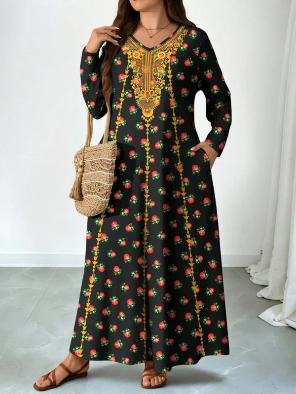 al najma فستان نسائي كبير الحجم بطبعات زهرية وطراز قديم بياقة على شكل حرف v وأكمام طويلة وجيوب وذيل مُنسدل 8