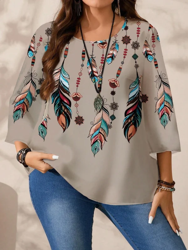 emery rose قميص نسائي كاجوال بطبعات متعددة الأحجام الكبيرة، بياقة مستديرة وأكمام ثلاثية الأرباع فضفاض 5