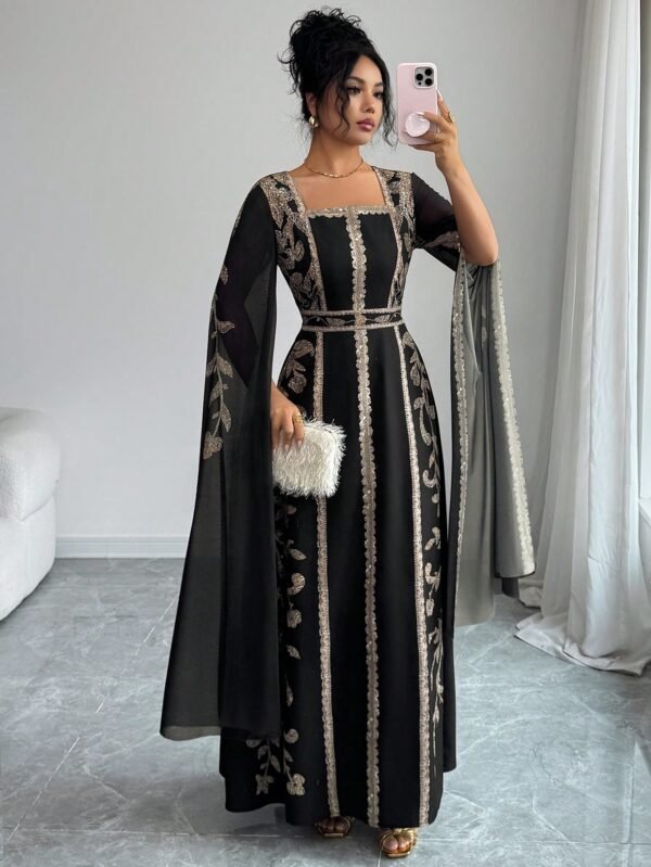 shein raffinéa فستان نسائي بياقة مربعة وأكمام طويلة، تصميم أكمام مخرمة، تأثير أكمام جرس، طباعة رقمية بتصميم حرف t شكل خط a، مناسب للاستخدام اليومي والحفلات والعطلات، بطراز 5