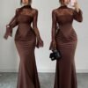 shein elenzya فستان ماكسي بتصميم حورية البحر مع لمسات من الدانتيل ذو لون أحادي أنيق، مزين بكشكشة عند الخصر وأكمام طويلة مكشكشة، مع خط مركزي أمامي مزين بشكل عظام السمك، وذيل طويل على الخلف، مناسب للحفلات والهالوين والكريسماس والمناسبات العطلات والمواعيد وع 5