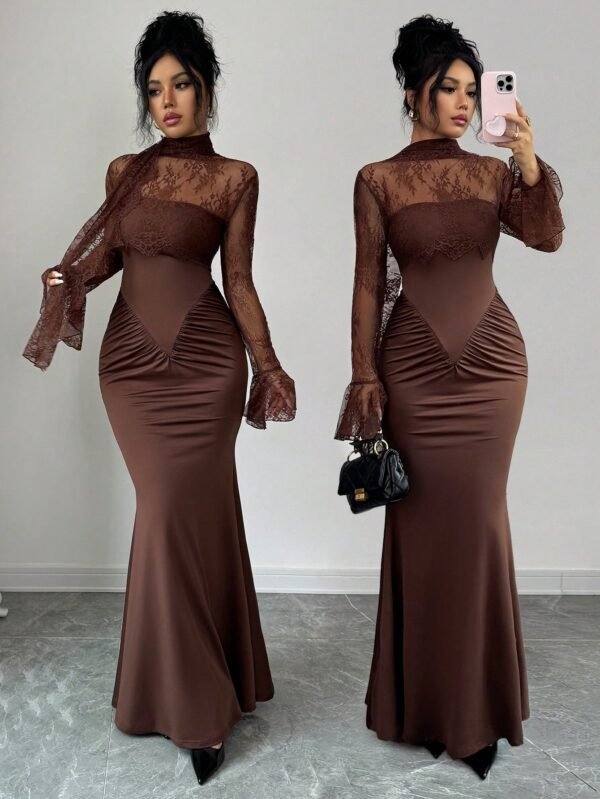 shein elenzya فستان ماكسي بتصميم حورية البحر مع لمسات من الدانتيل ذو لون أحادي أنيق، مزين بكشكشة عند الخصر وأكمام طويلة مكشكشة، مع خط مركزي أمامي مزين بشكل عظام السمك، وذيل طويل على الخلف، مناسب للحفلات والهالوين والكريسماس والمناسبات العطلات والمواعيد وع 5