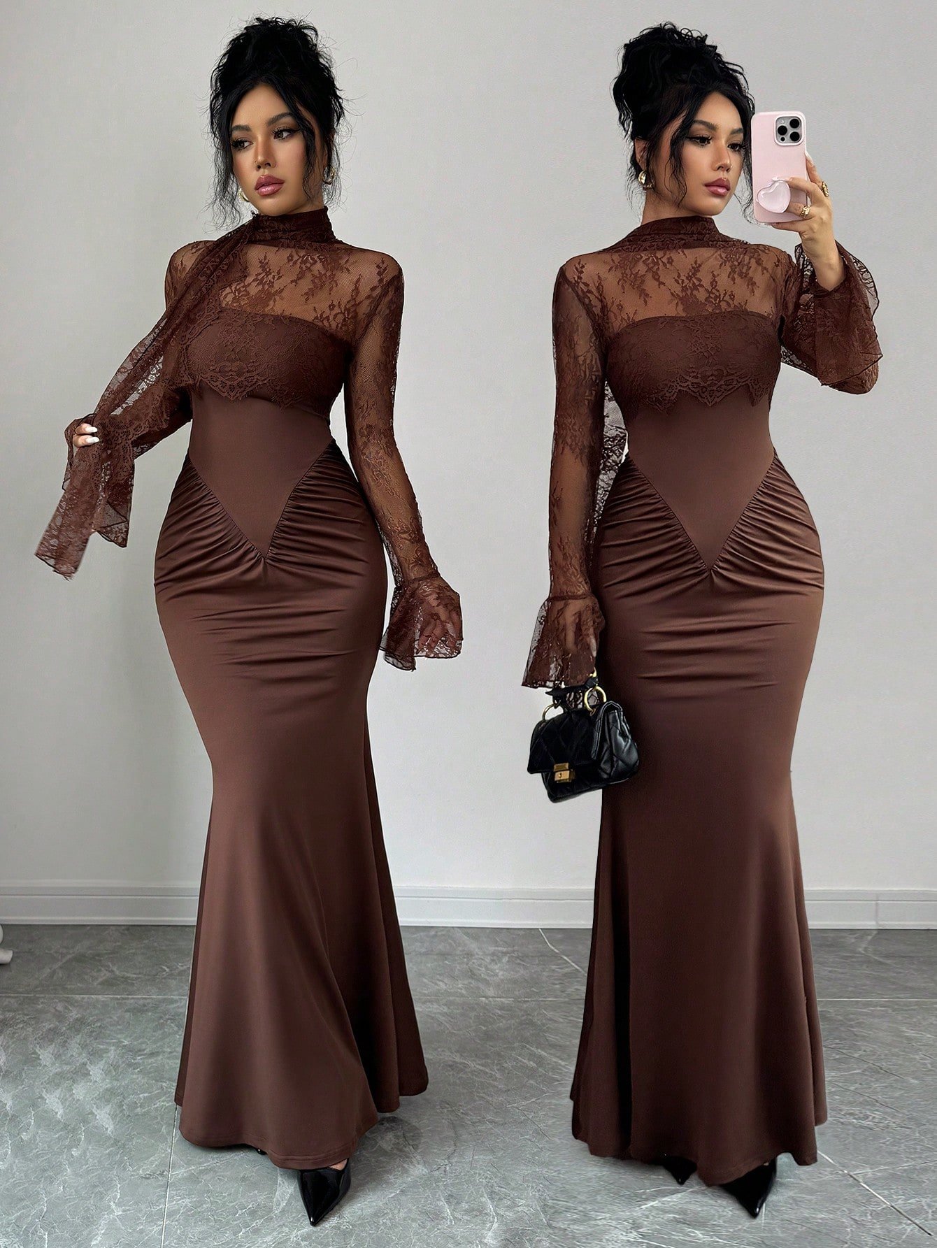 shein elenzya فستان ماكسي بتصميم حورية البحر مع لمسات من الدانتيل ذو لون أحادي أنيق، مزين بكشكشة عند الخصر وأكمام طويلة مكشكشة، مع خط مركزي أمامي مزين بشكل عظام السمك، وذيل طويل على الخلف، مناسب للحفلات والهالوين والكريسماس والمناسبات العطلات والمواعيد وع 5
