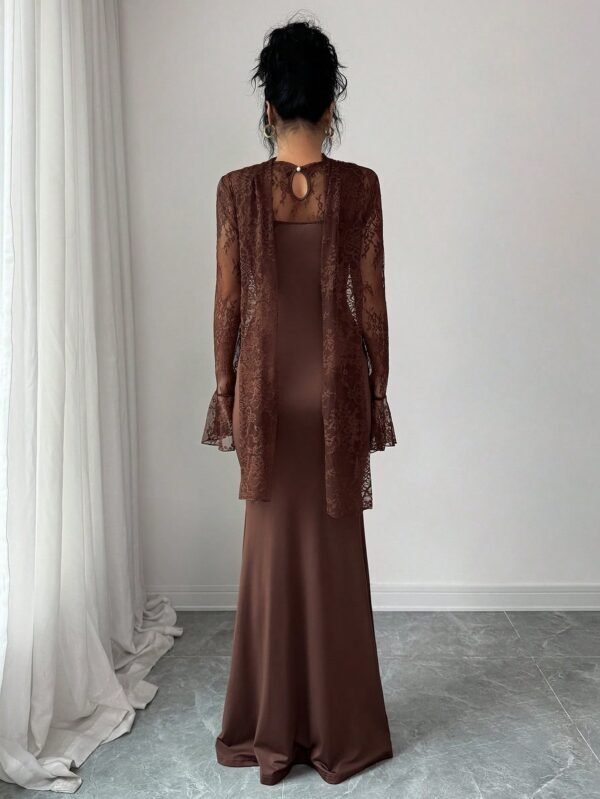 shein elenzya فستان ماكسي بتصميم حورية البحر مع لمسات من الدانتيل ذو لون أحادي أنيق، مزين بكشكشة عند الخصر وأكمام طويلة مكشكشة، مع خط مركزي أمامي مزين بشكل عظام السمك، وذيل طويل على الخلف، مناسب للحفلات والهالوين والكريسماس والمناسبات العطلات والمواعيد وع 4