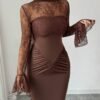 shein elenzya فستان ماكسي بتصميم حورية البحر مع لمسات من الدانتيل ذو لون أحادي أنيق، مزين بكشكشة عند الخصر وأكمام طويلة مكشكشة، مع خط مركزي أمامي مزين بشكل عظام السمك، وذيل طويل على الخلف، مناسب للحفلات والهالوين والكريسماس والمناسبات العطلات والمواعيد وع 2