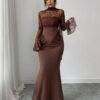 shein elenzya فستان ماكسي بتصميم حورية البحر مع لمسات من الدانتيل ذو لون أحادي أنيق، مزين بكشكشة عند الخصر وأكمام طويلة مكشكشة، مع خط مركزي أمامي مزين بشكل عظام السمك، وذيل طويل على الخلف، مناسب للحفلات والهالوين والكريسماس والمناسبات العطلات والمواعيد وع 6