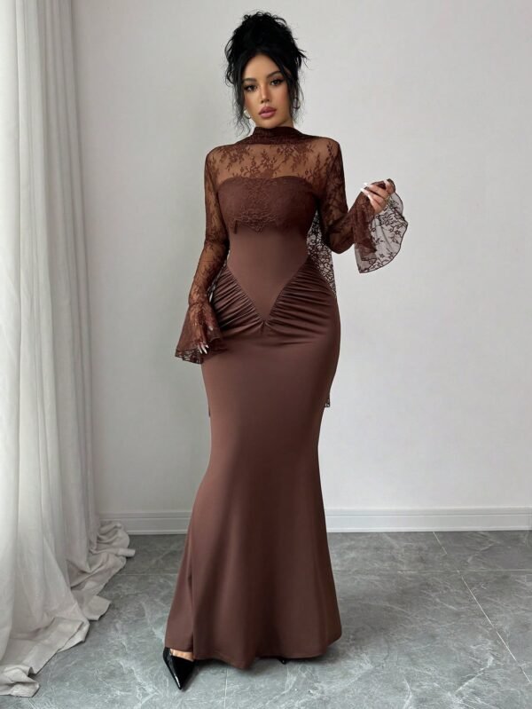 shein elenzya فستان ماكسي بتصميم حورية البحر مع لمسات من الدانتيل ذو لون أحادي أنيق، مزين بكشكشة عند الخصر وأكمام طويلة مكشكشة، مع خط مركزي أمامي مزين بشكل عظام السمك، وذيل طويل على الخلف، مناسب للحفلات والهالوين والكريسماس والمناسبات العطلات والمواعيد وع 6