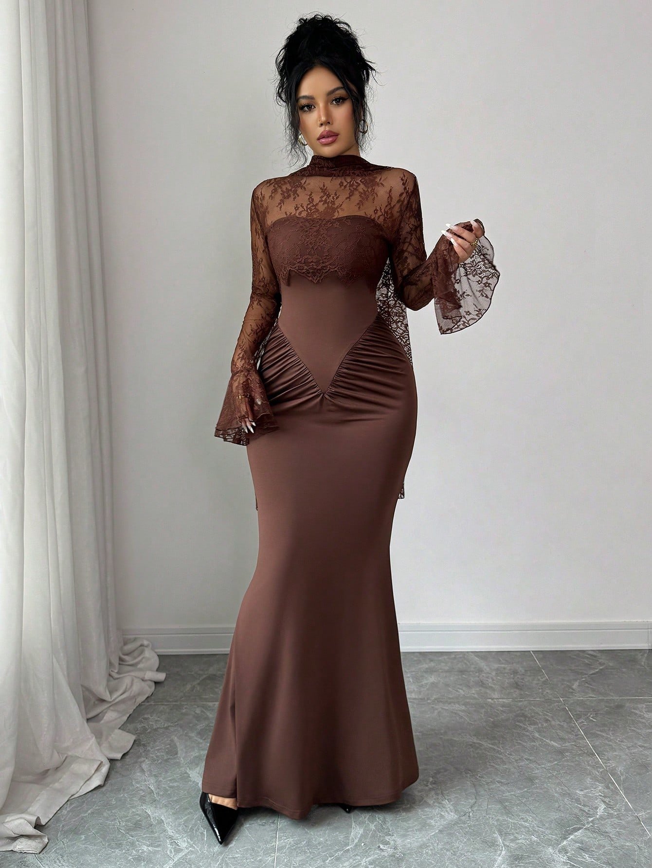 shein elenzya فستان ماكسي بتصميم حورية البحر مع لمسات من الدانتيل ذو لون أحادي أنيق، مزين بكشكشة عند الخصر وأكمام طويلة مكشكشة، مع خط مركزي أمامي مزين بشكل عظام السمك، وذيل طويل على الخلف، مناسب للحفلات والهالوين والكريسماس والمناسبات العطلات والمواعيد وع 6