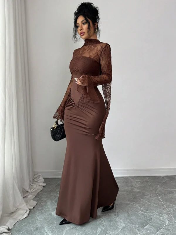 shein elenzya فستان ماكسي بتصميم حورية البحر مع لمسات من الدانتيل ذو لون أحادي أنيق، مزين بكشكشة عند الخصر وأكمام طويلة مكشكشة، مع خط مركزي أمامي مزين بشكل عظام السمك، وذيل طويل على الخلف، مناسب للحفلات والهالوين والكريسماس والمناسبات العطلات والمواعيد وع 7