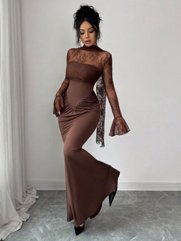 shein elenzya فستان ماكسي بتصميم حورية البحر مع لمسات من الدانتيل ذو لون أحادي أنيق، مزين بكشكشة عند الخصر وأكمام طويلة مكشكشة، مع خط مركزي أمامي مزين بشكل عظام السمك، وذيل طويل على الخلف، مناسب للحفلات والهالوين والكريسماس والمناسبات العطلات والمواعيد وع 3