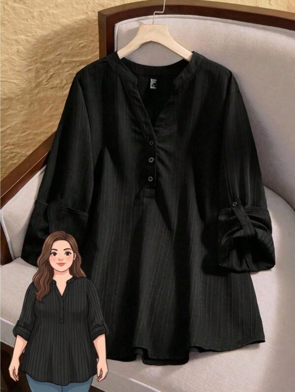 emery rose بلوزة كاجوال بياقة مفرودة وأكمام قابلة للطي، ملابس شتوية بلون أحادي للمقاسات الكبيرة